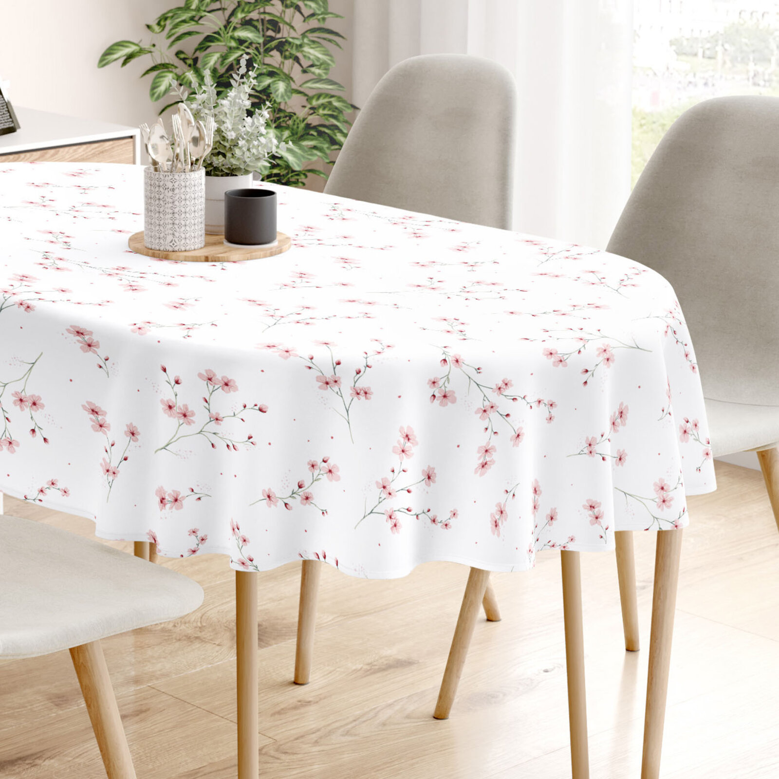 Ovale Tischdecke aus 100% Baumwolle - Blühende Sakura-Kirschbäume
