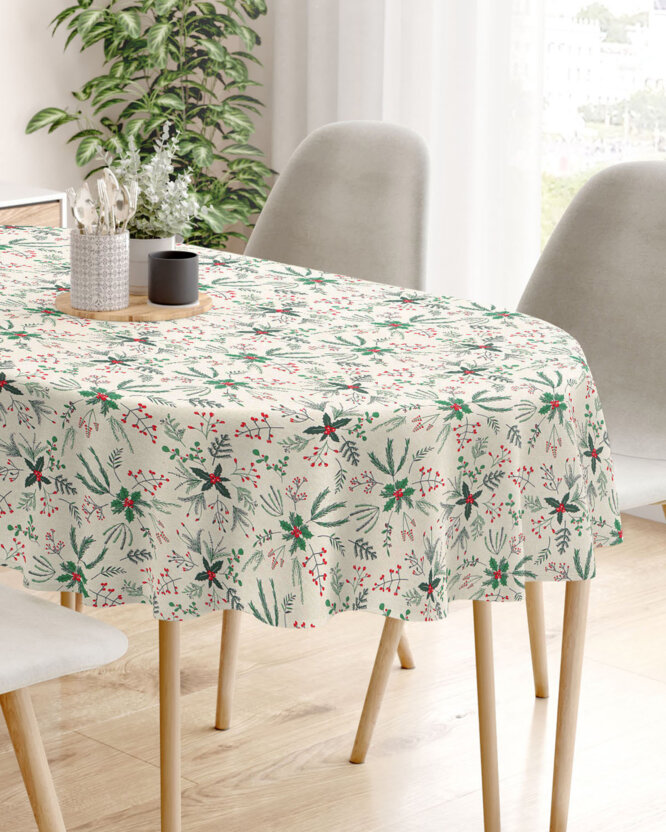 Ovale Weihnachts-Tischdecke Valencia – Zweige auf Naturfarbe