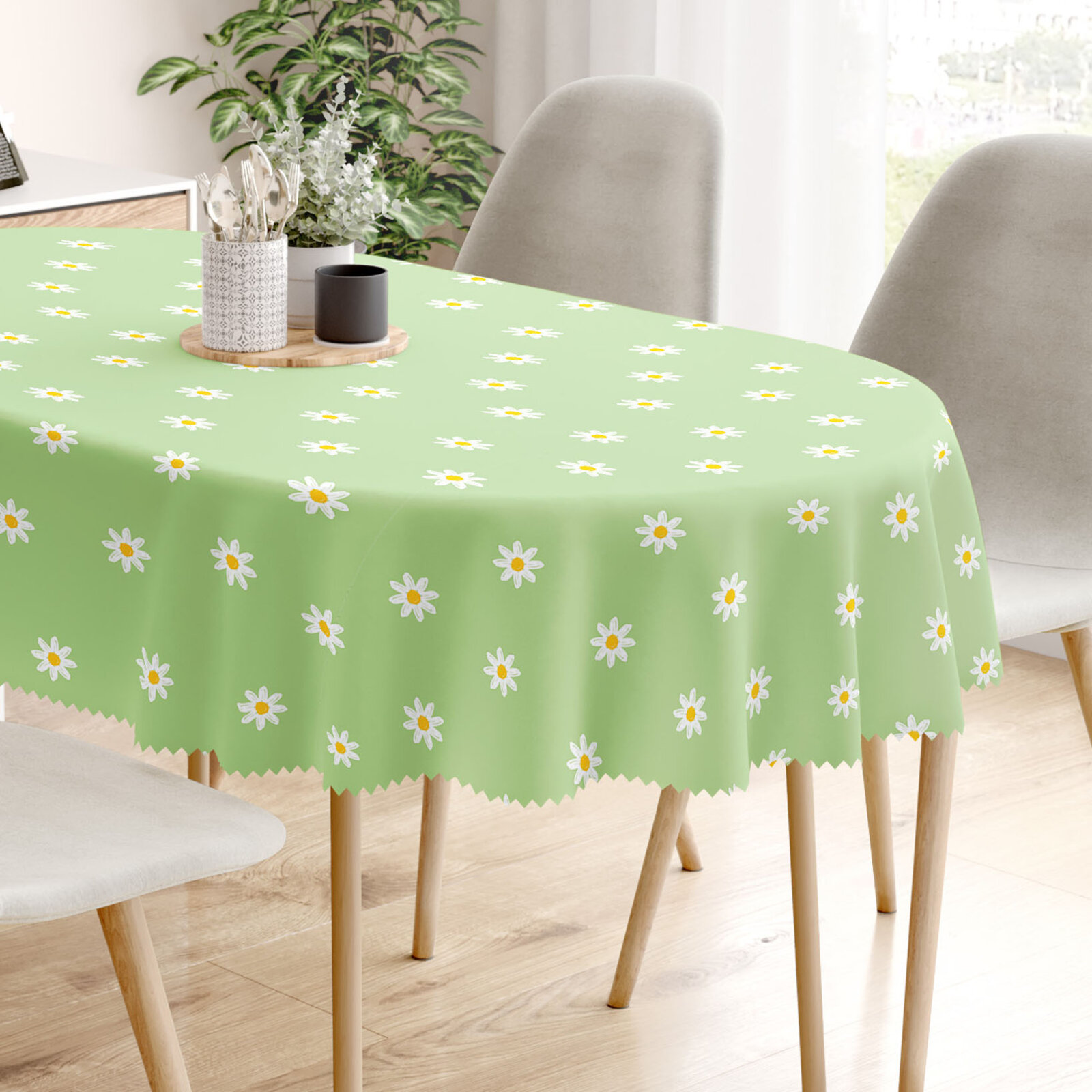 Ovale Tischdecke Teflon - Margeriten auf Grün