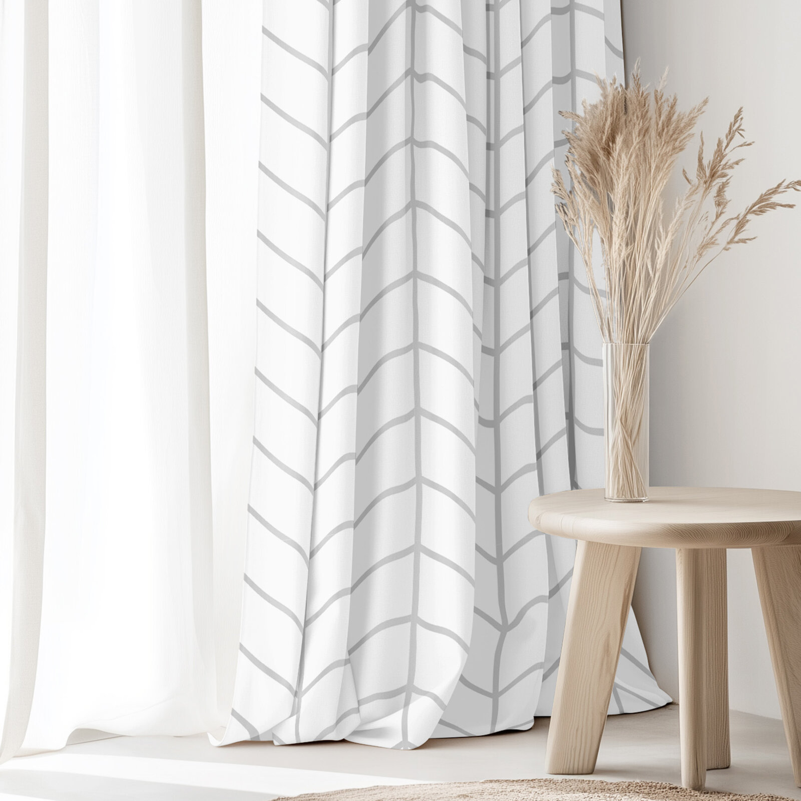 Vorhang aus Baumwolle - Zickzack auf Weiß