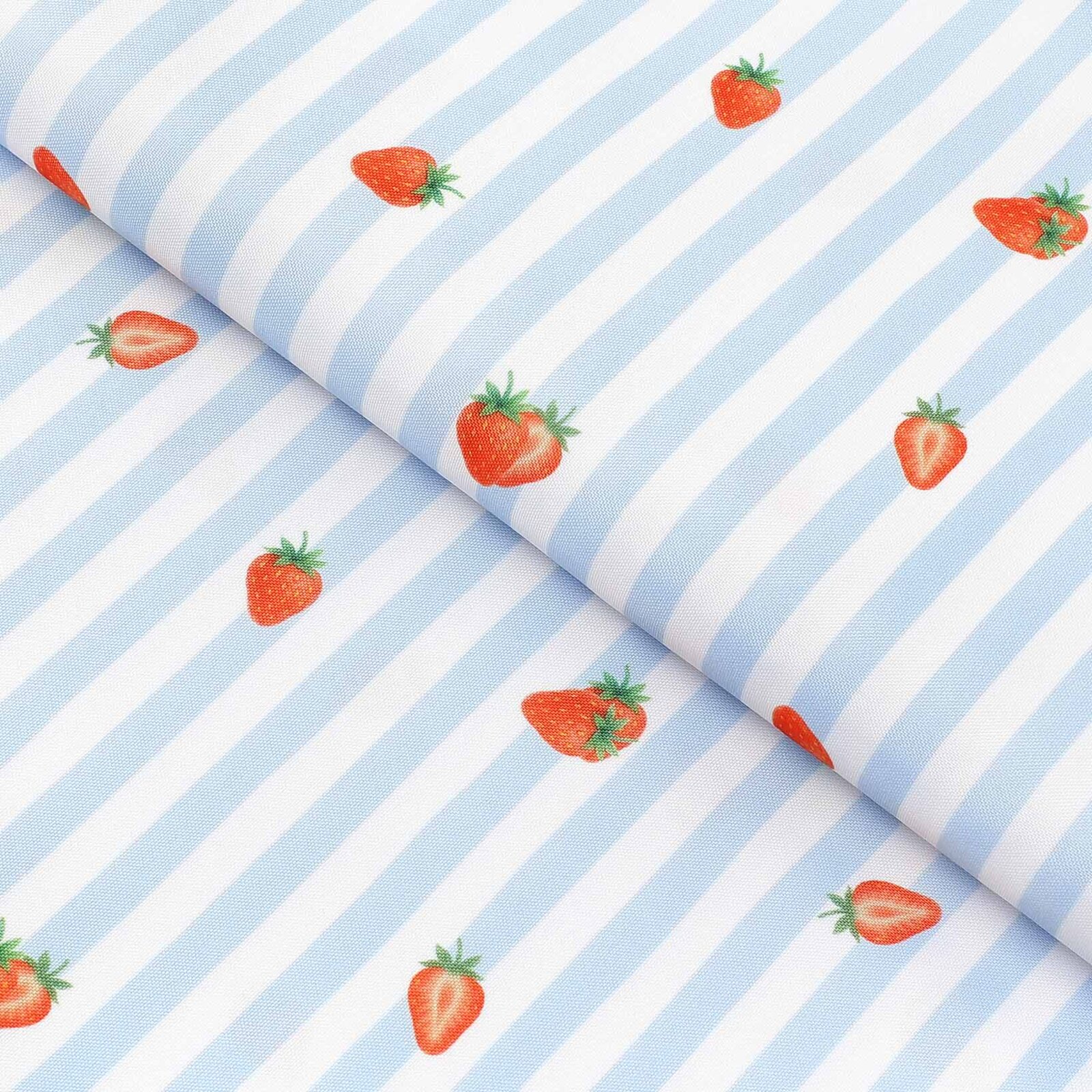 Teflonstoff für Tischdecken - blaue Streifen mit Erdbeeren
