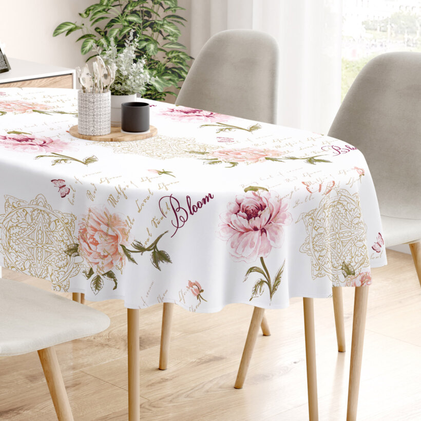 Ovale Tischdecke aus 100% Baumwolle - Pfingstrosen und Schriftzügen