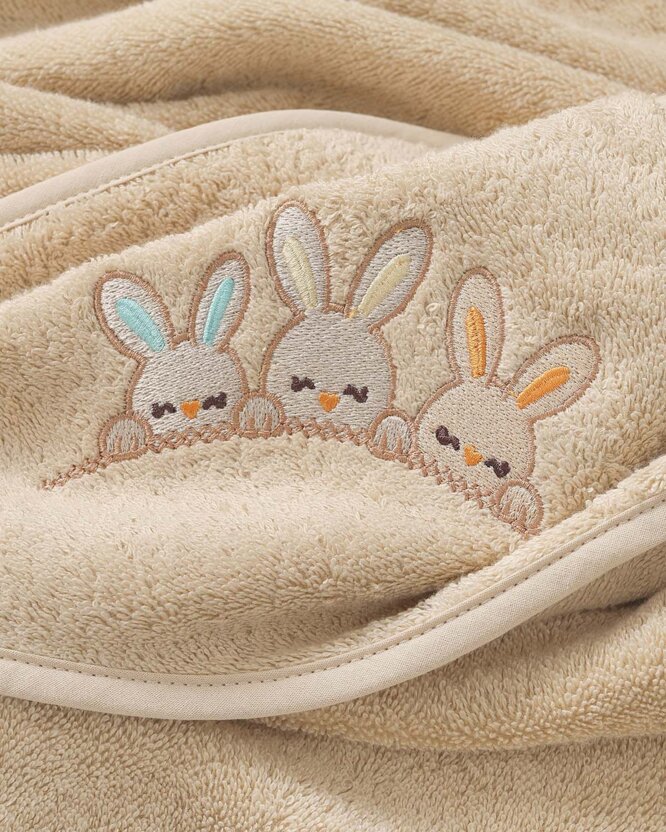 Frottee Babybadetuch mit Kapuze - Häschen auf Beige