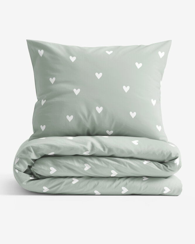 Bettwäsche aus Baumwolle - Herzchen auf salbeigrün