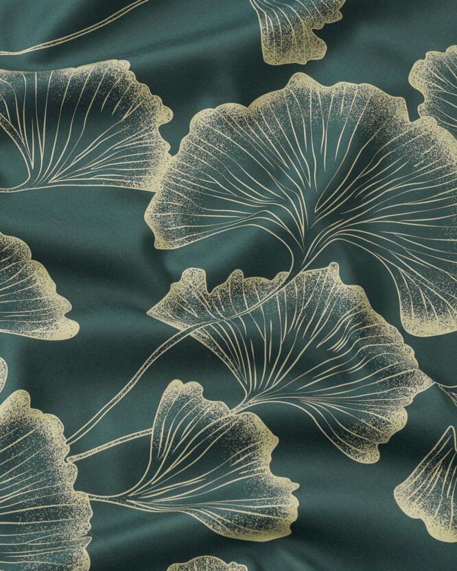 Bettwäsche aus Mako-Satin - Ginkgoblätter auf Dunkelgrün
