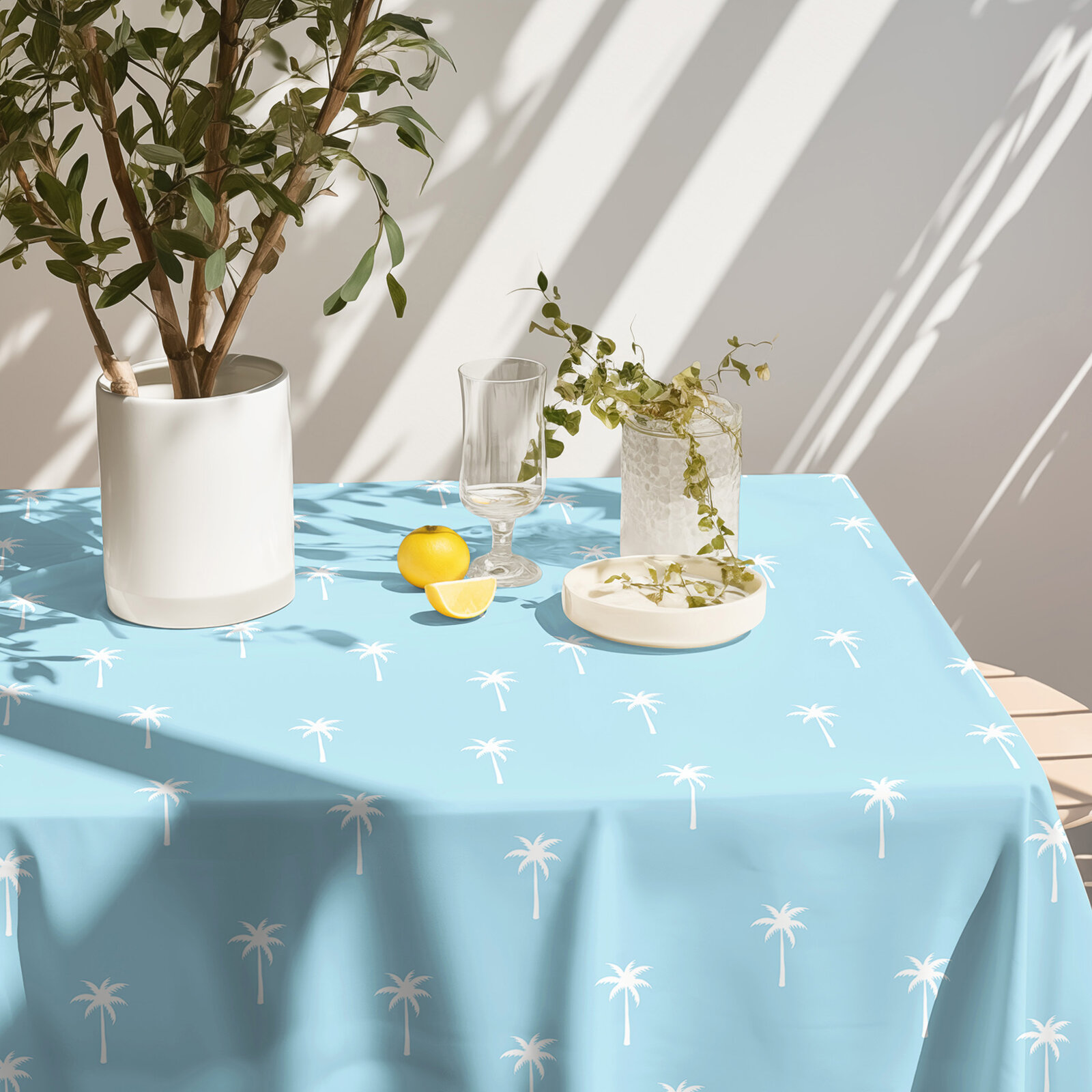 Eckige Tischdecke 100% Baumwolle - Palmen auf Pastellblau