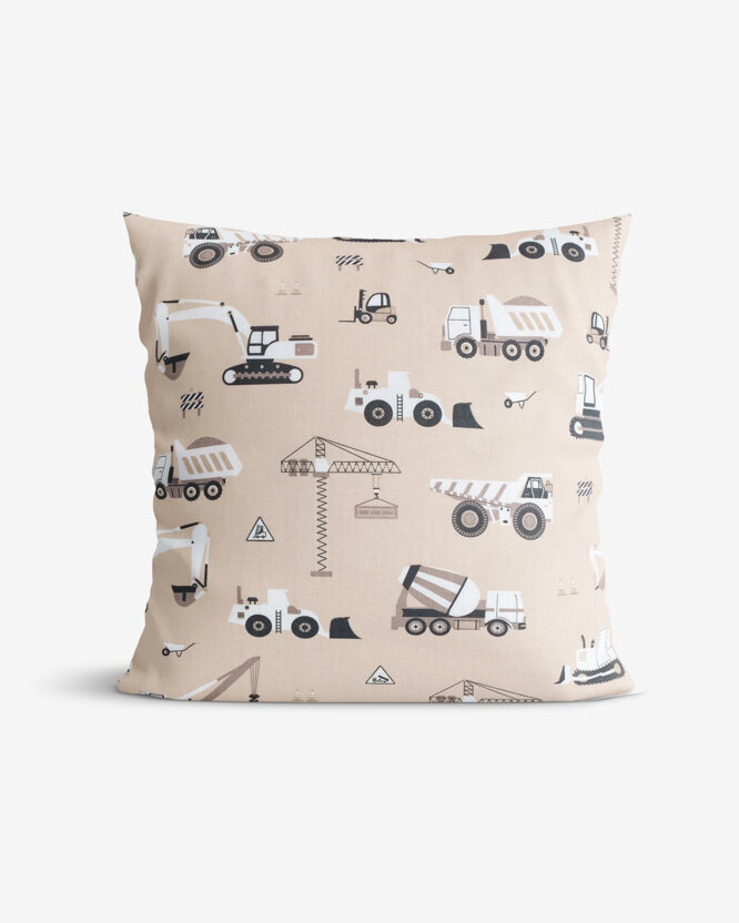 Kinder-Kissenbezug aus Baumwolle - Lastwagen und Bagger auf Beige