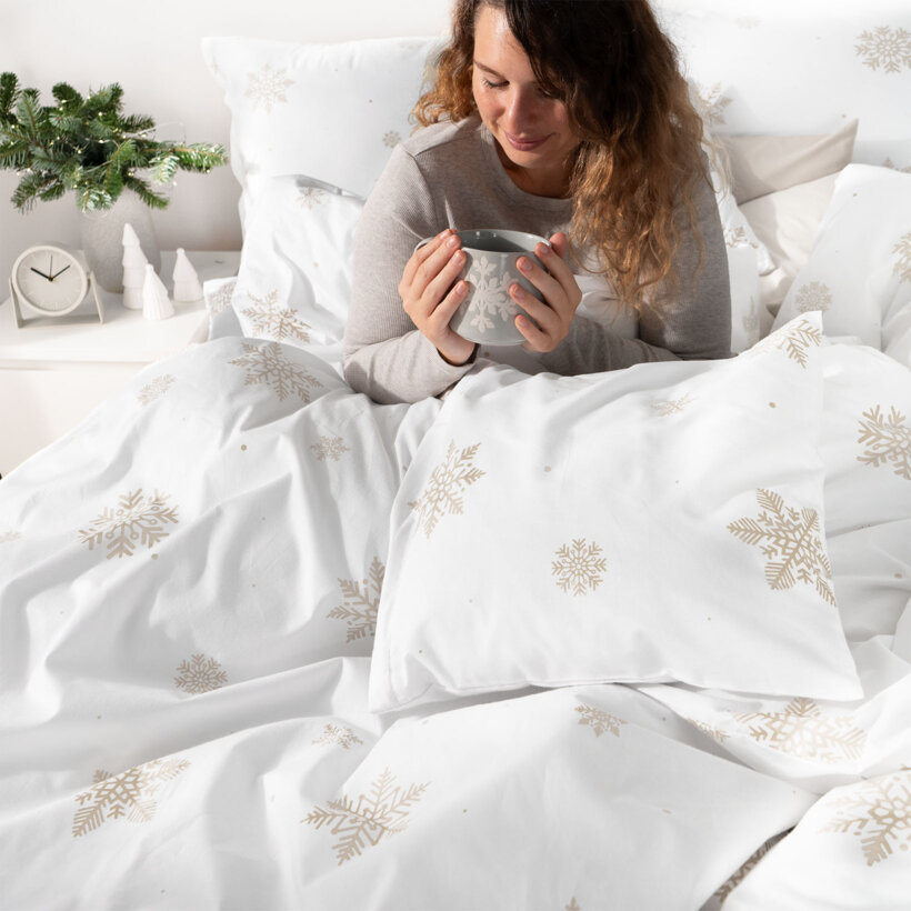 Weihnachtlich Bettwäsche aus Baumwolle - Schneeflocken auf Weiß
