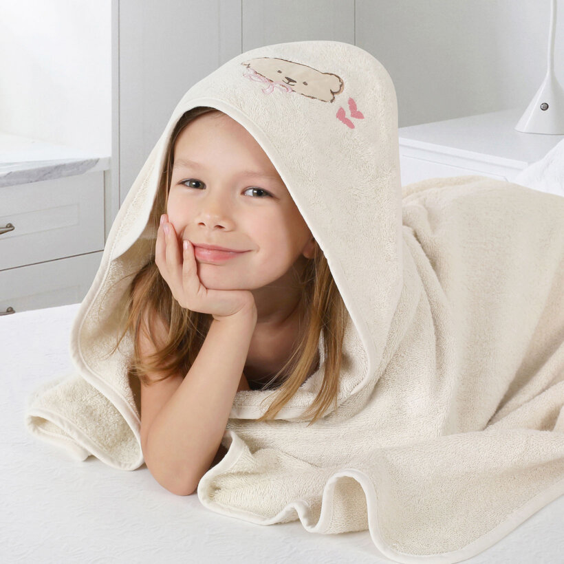 Frottee Babybadetuch mit Kapuze - Bärchen auf Beige