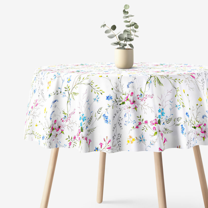 Runde Tischdecke 100% Baumwolle - Gemalte Wiesenblumen