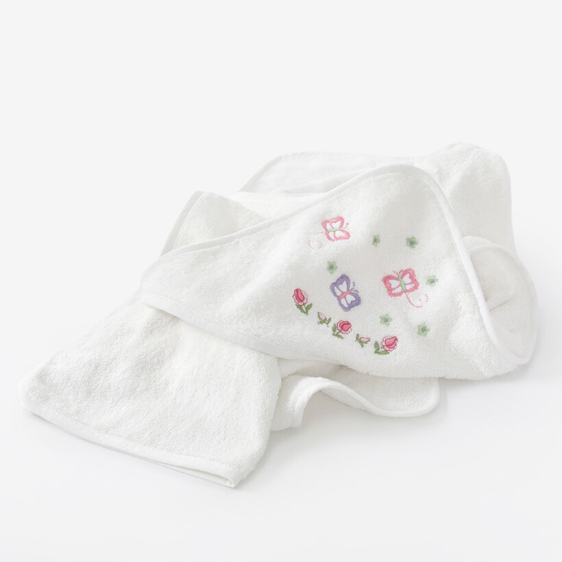 Frottee Babybadetuch mit Kapuze - Schmetterlinge auf Weiß