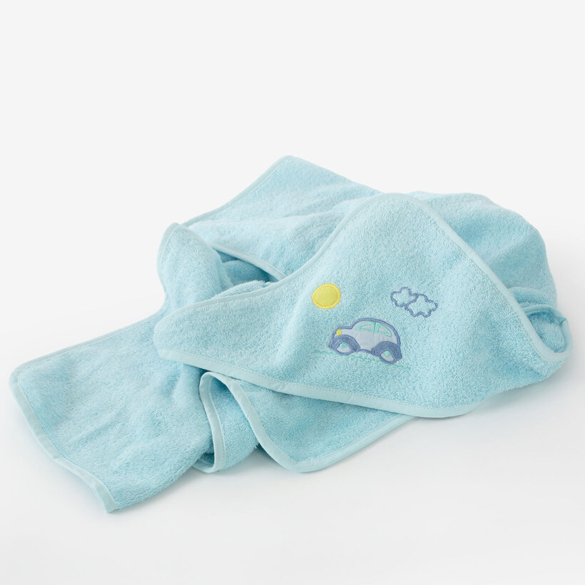 Frottee Babybadetuch mit Kapuze - Auto auf Blau