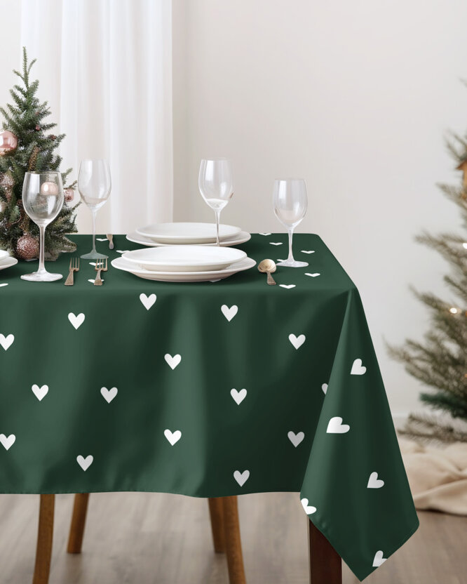 Eckige weihnachtliche Tischdecke 100% Baumwolle - Herzchen auf Dunkelgrün