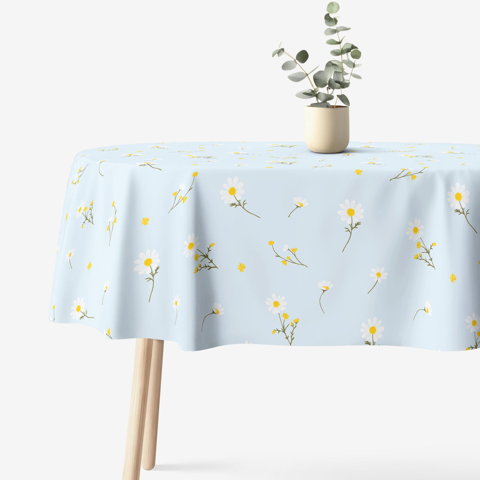 Ovale Tischdecke aus 100% Baumwolle - Kamille auf Hellblau