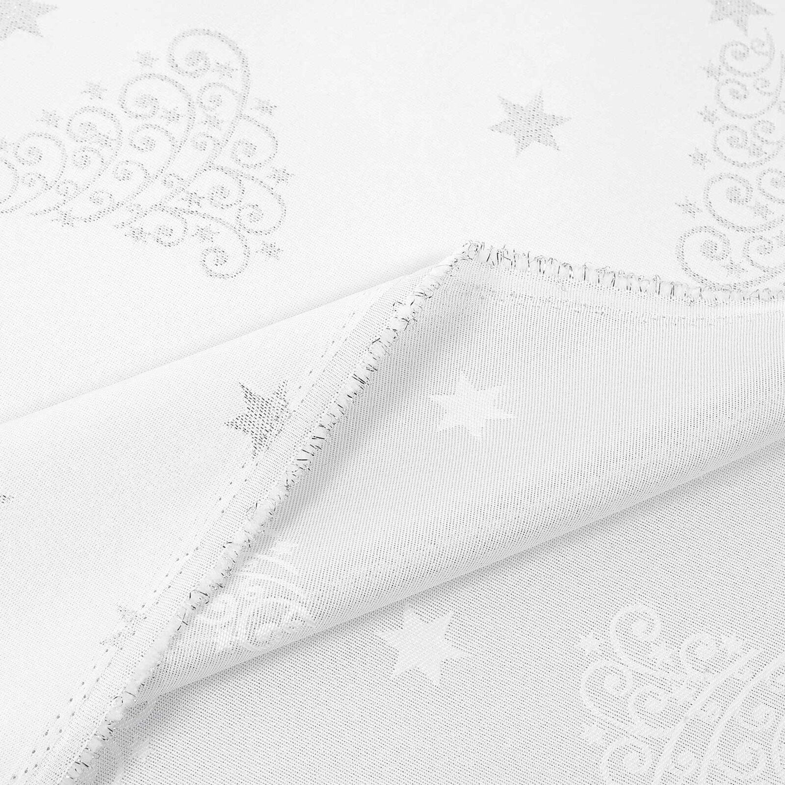 Weihnachtlicher Teflonstoff für Tischdecken – Silberne Tannenbäume und Sterne
