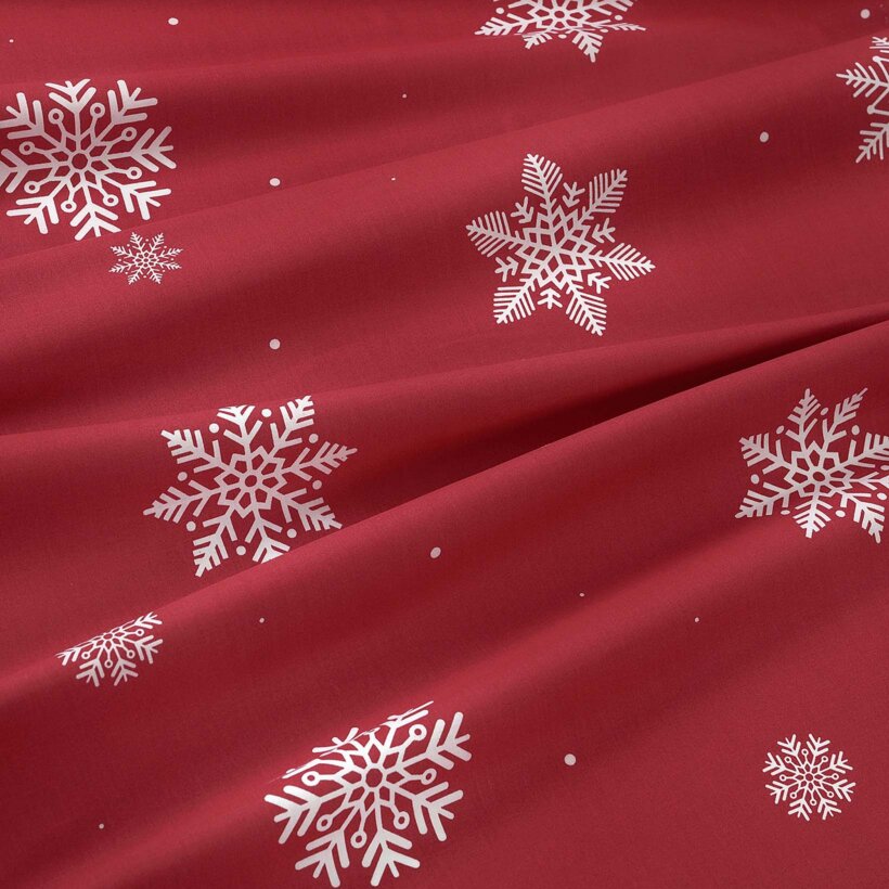 Runde Weihnachts-Tischdecke 100% Baumwolle - Schneeflocken auf Rot