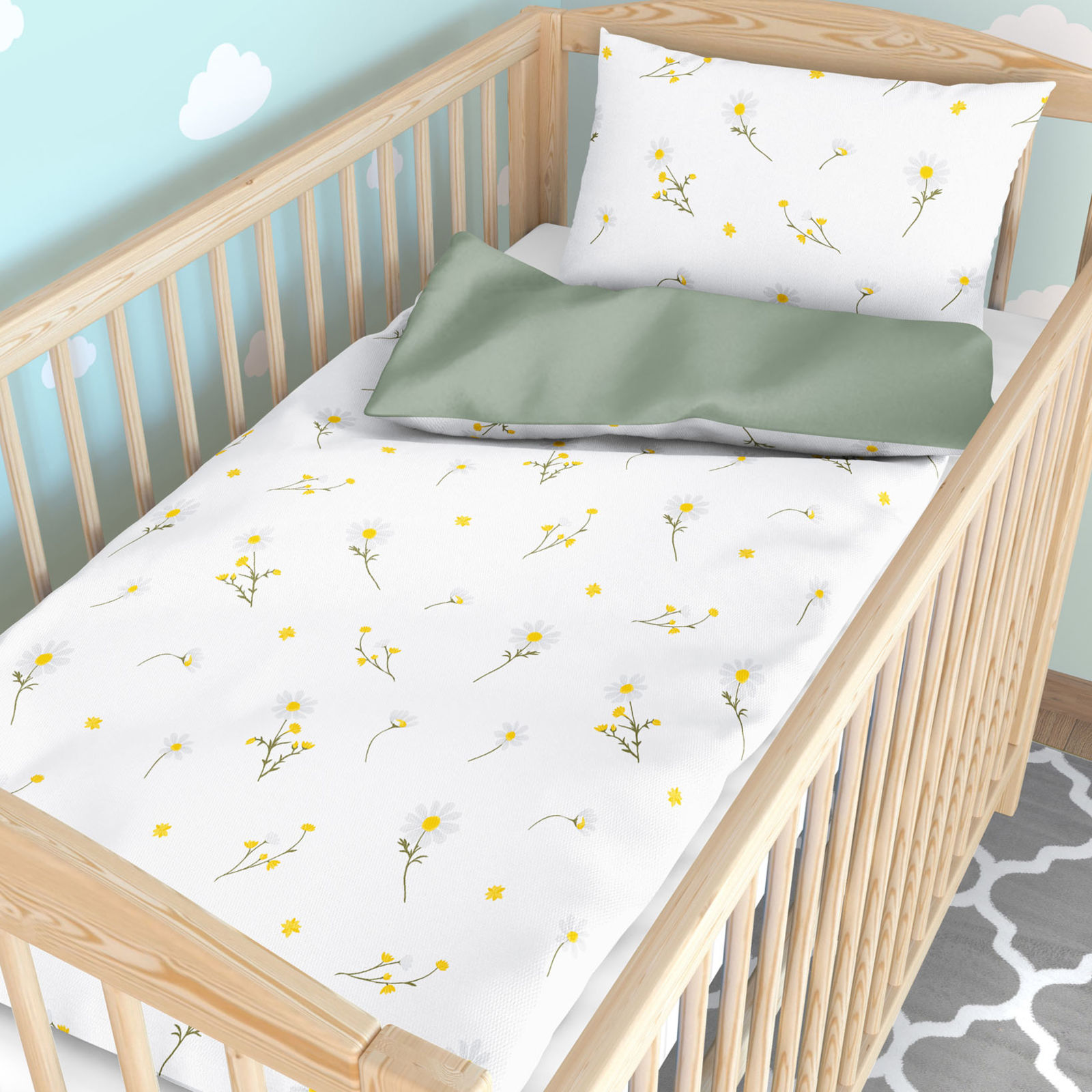 Bettwäsche für Babybetten aus Baumwolle Duo - Kamille mit salbeigrün