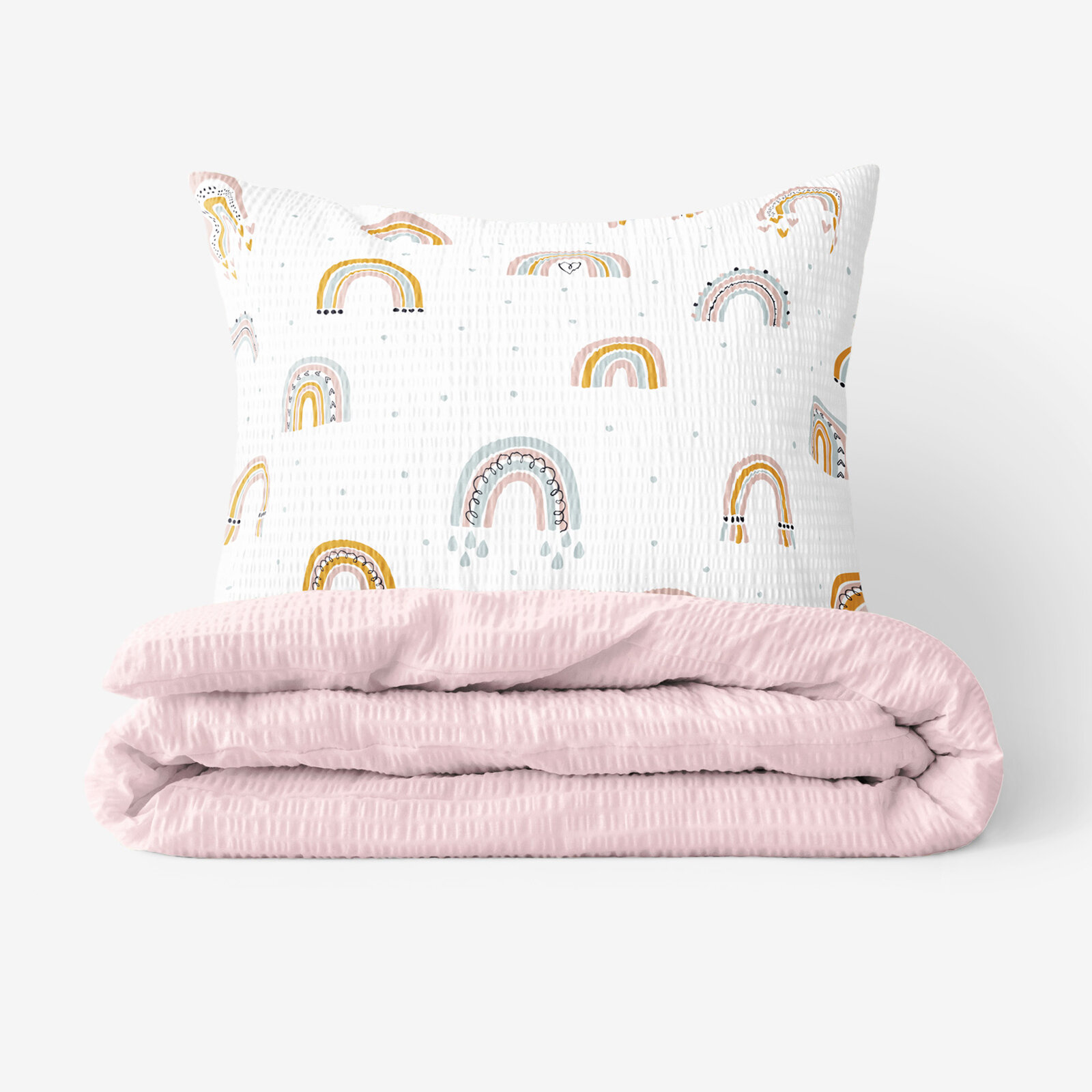 Kinder - Seersucker Bettwäsche Duo - gemalte Regenbögen mit Puderrosa