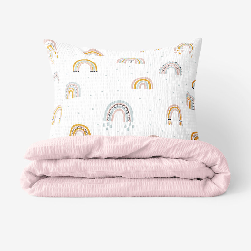 Kinder - Seersucker Bettwäsche Duo - gemalte Regenbögen mit Puderrosa