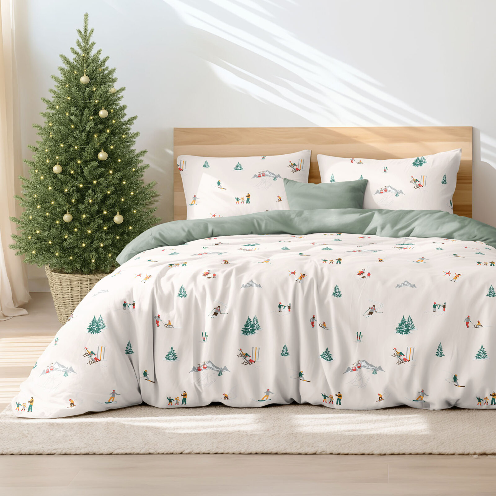 Weihnachtlich Bettwäsche aus Baumwolle Duo - Winterfreuden mit Salbeigrün