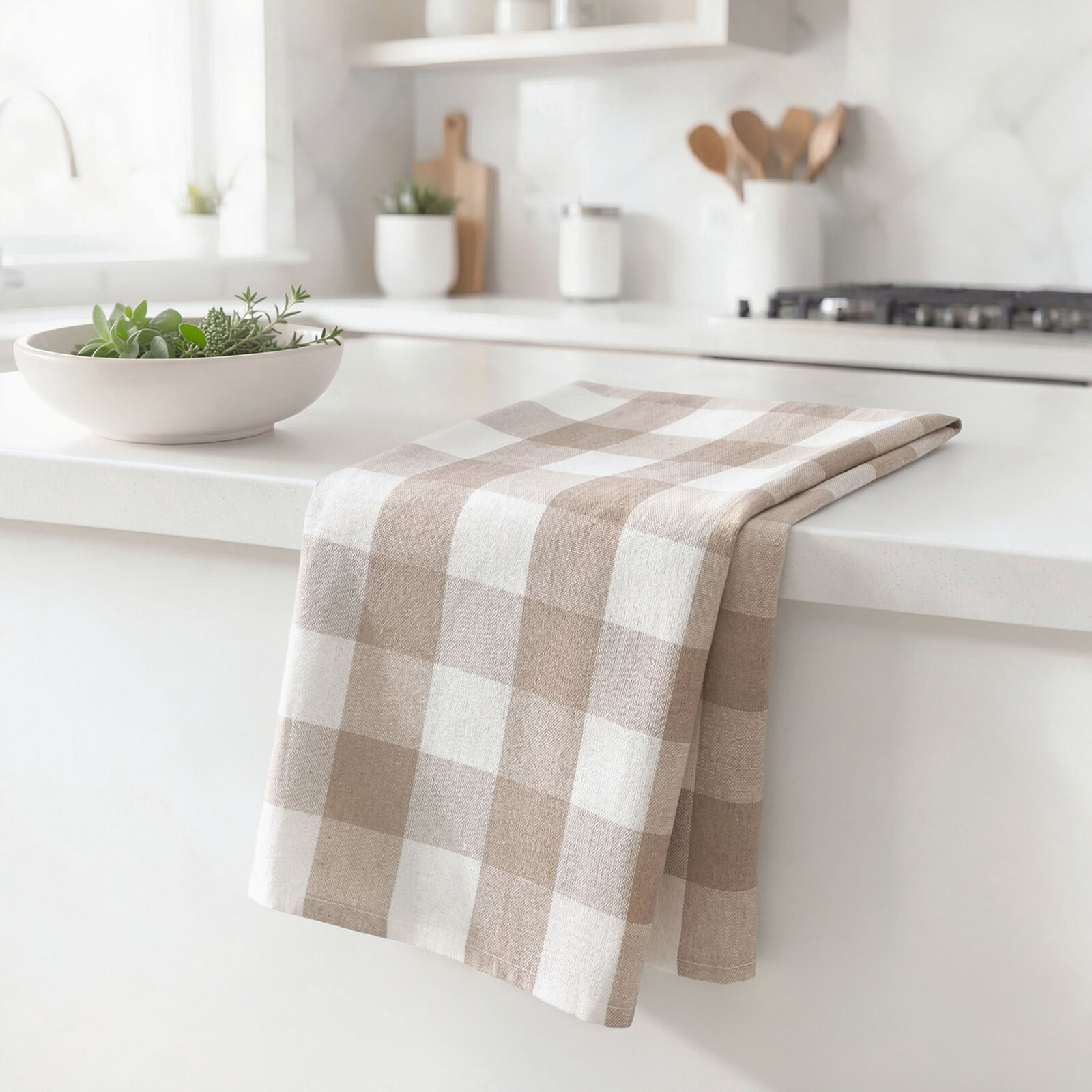 Küchentuch aus Baumwolle - beige große Würfel