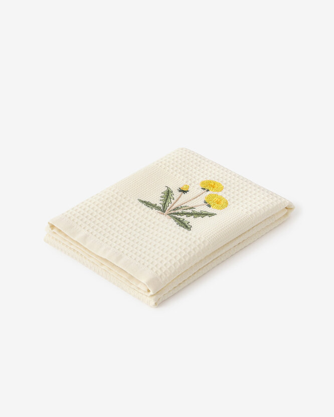 Waffel-Geschirrtuch mit Stickerei - Löwenzahn auf Creme