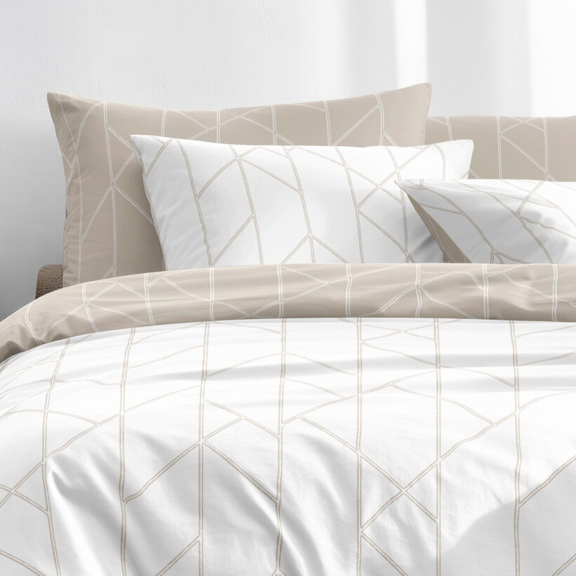 Bettwäsche aus Baumwolle - Geometrische Linien auf Weiß und Latte