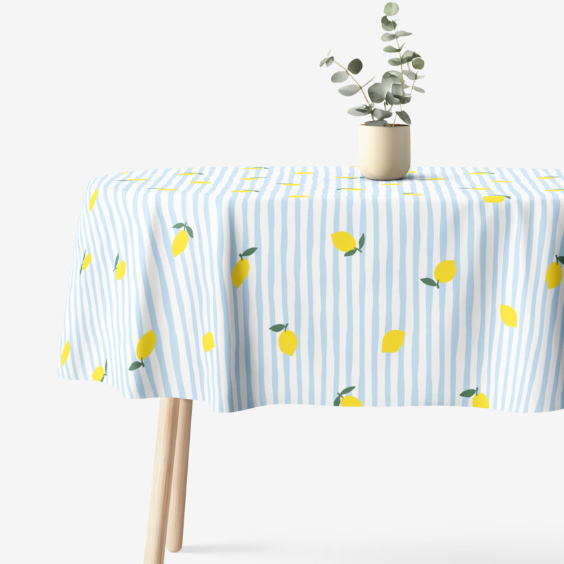 Ovale Tischdecke aus 100% Baumwolle - Frische Zitronen mit Streifen