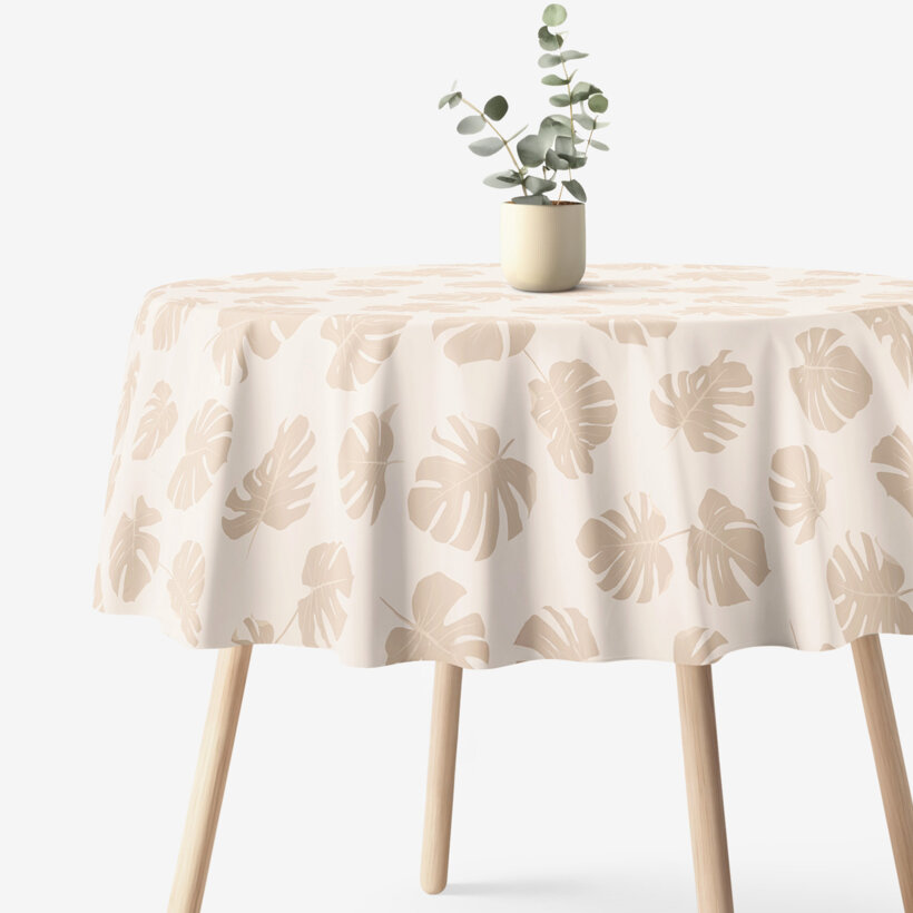 Runde Tischdecke 100% Baumwolle - Tropische Blätter auf Beige