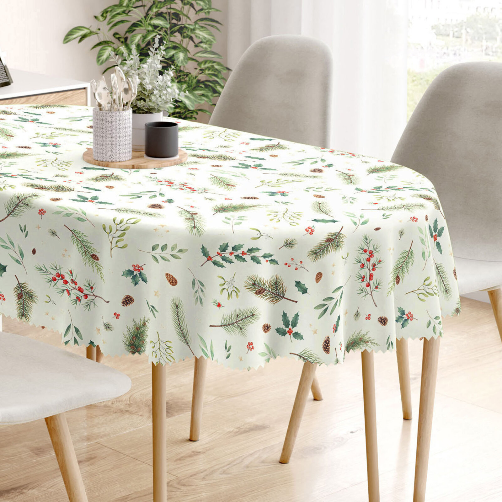 Ovale Weihnachts-Tischdecke Teflon - Winterzweige