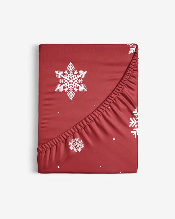 Weihnachtliches Spannbettlaken aus Baumwolle - Schneeflocken auf Rot