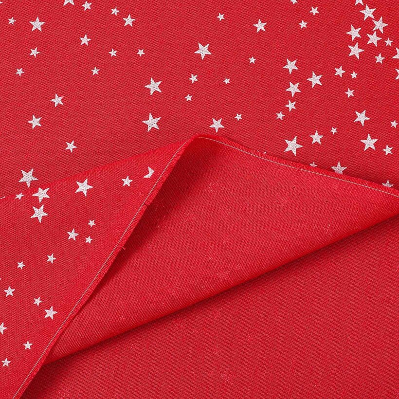Dekorativer Stoff Valencia - Weihnachtssterne auf rotem Hintergrund