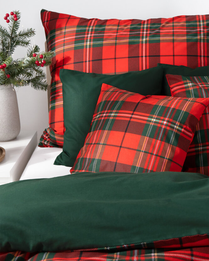 Weihnachtlich Bettwäsche aus Baumwolle Duo - rotes Karo mit Dunkelgrün