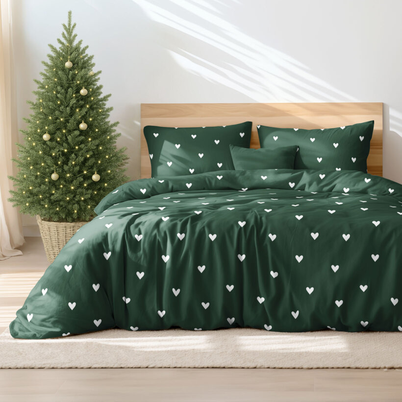 Weihnachtlich Bettwäsche aus Baumwolle - Herzchen auf Dunkelgrün