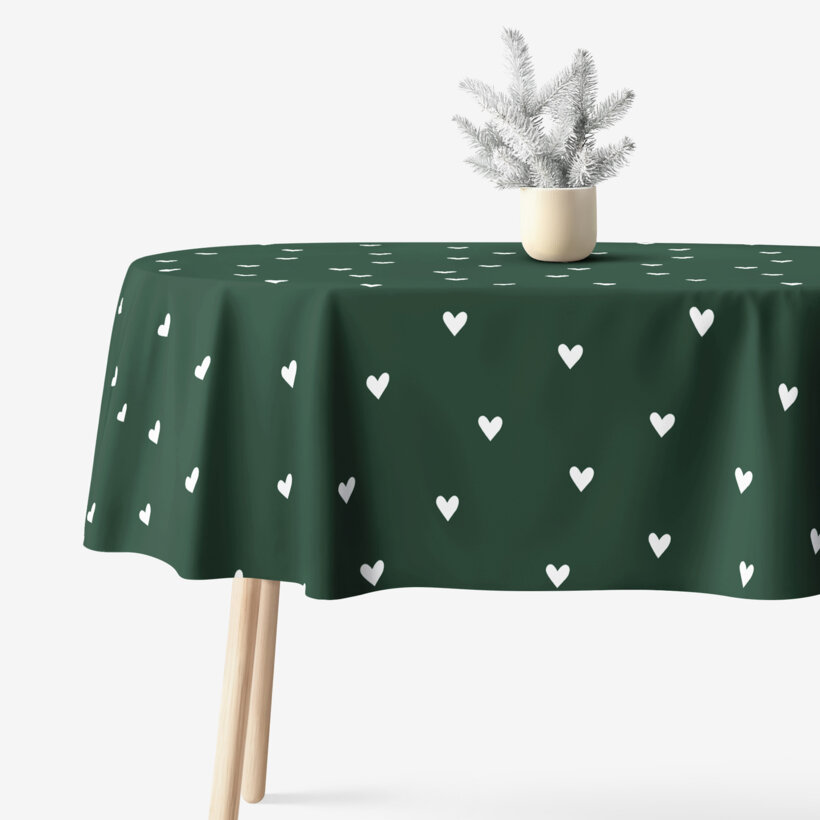 Ovale Weihnachts-Tischdecke aus 100% Baumwolle - Herzchen auf Dunkelgrün