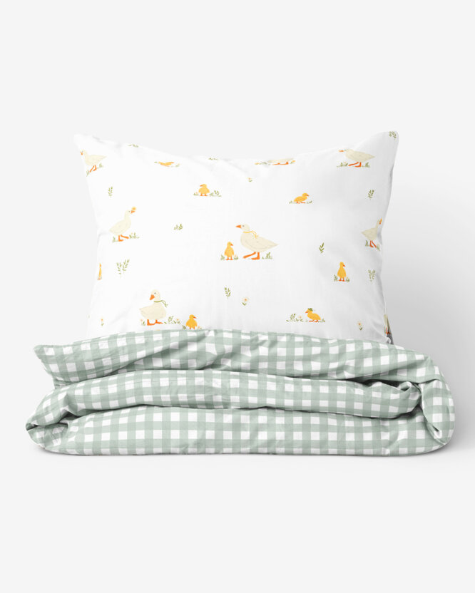 Ostern Bettwäsche aus Baumwolle - Enten mit Salbeigrüne Würfel