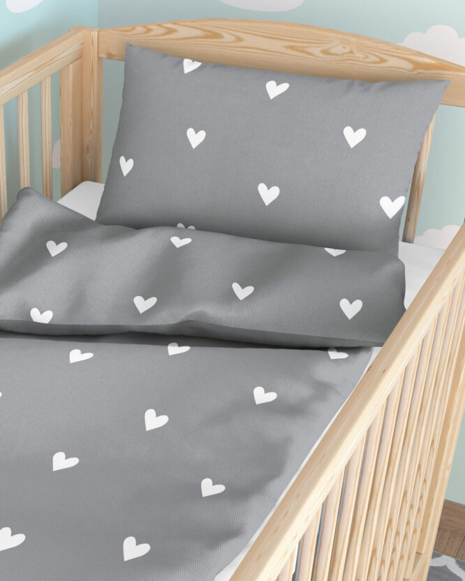 Bettwäsche für Babybetten aus Baumwolle - Herzchen auf Grau