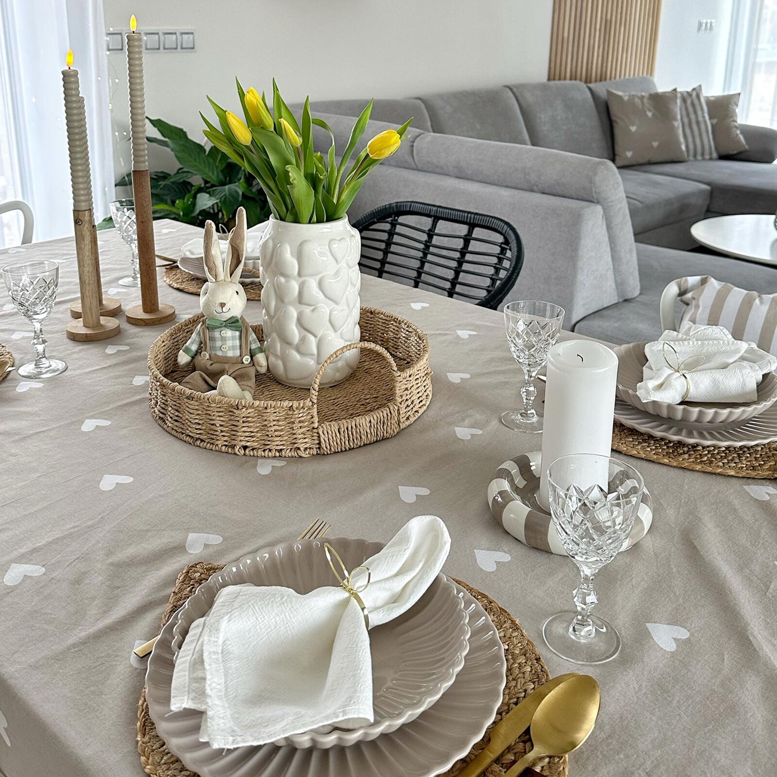 Eckige Tischdecke 100% Baumwolle - Herzchen auf Latte