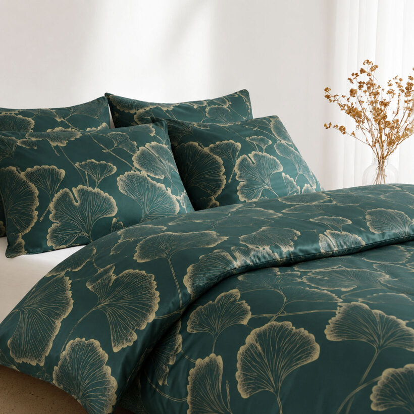 Bettwäsche aus Mako-Satin - Ginkgoblätter auf Dunkelgrün