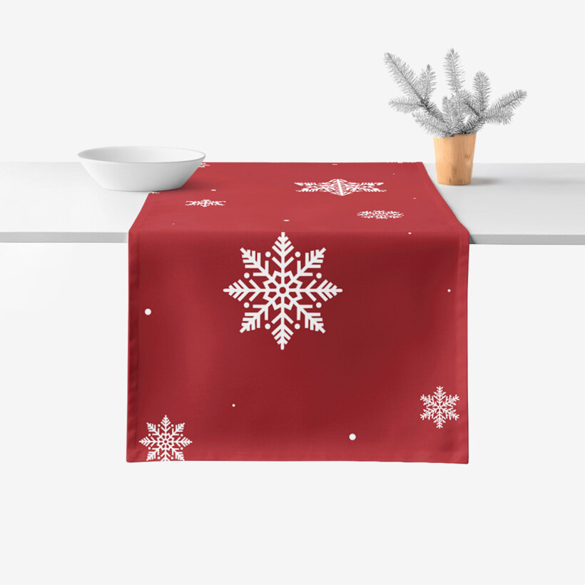 Weihnachtlicher Tischläufer aus 100% Baumwolle - Schneeflocken auf Rot