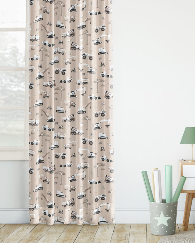 Vorhang aus Baumwolle Kindermotive - Lastwagen und Bagger auf Beige