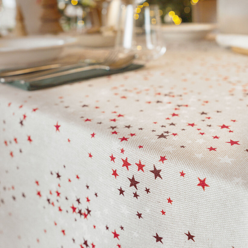 Weihnachtliche eckige Tischdecke Valencia - Sterne auf Naturfarbe