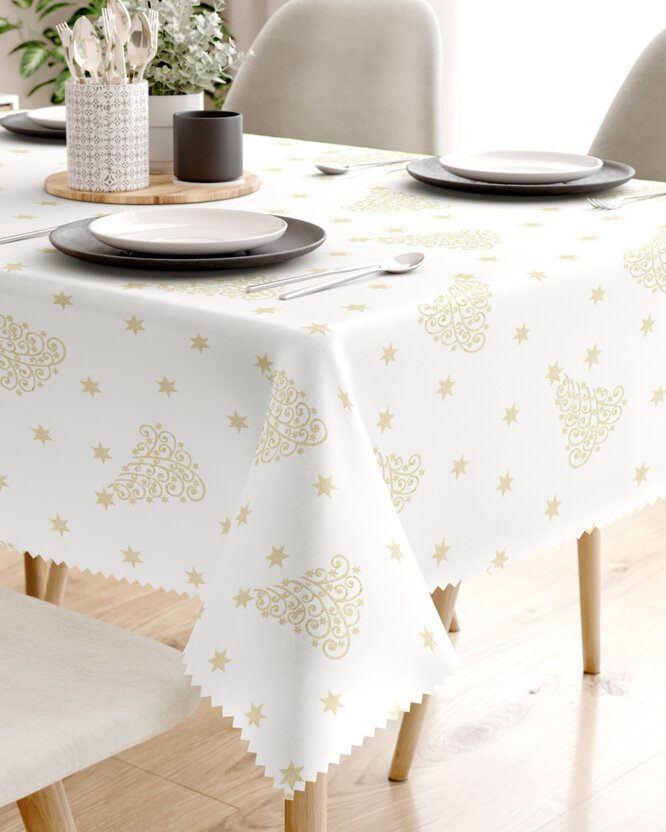 Weihnachtliche eckige Teflon-Tischdecke - Goldene Tannenbäume und Sterne