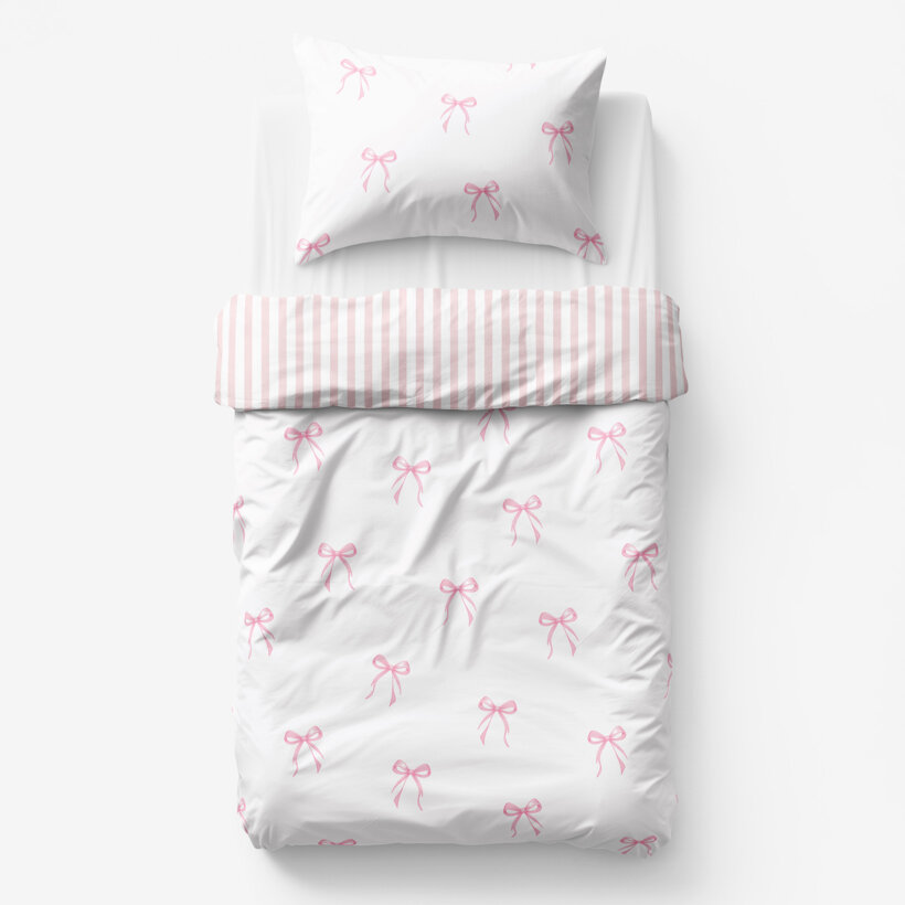 Kinder-Bettwäsche aus Baumwolle - rosa Schleifen mit Streifen