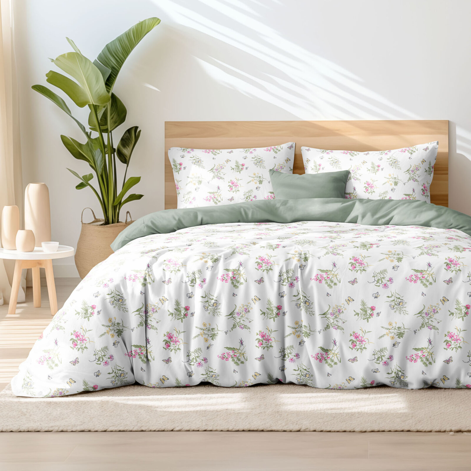 Bettwäsche aus Baumwolle Duo - Bunte Wiesenblumen mit Salbeigrün