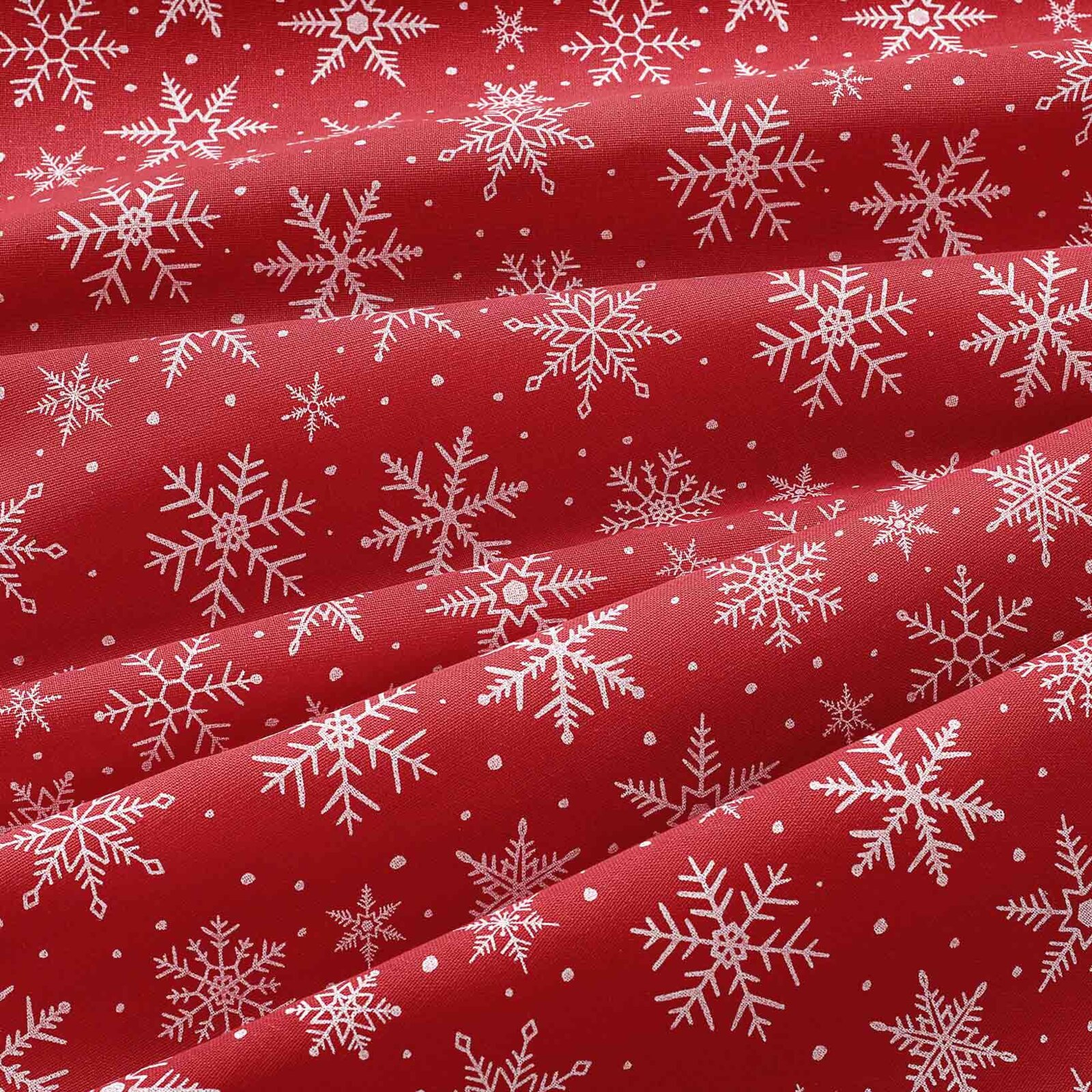 Weihnachtliche eckige Tischdecke Valencia - Weiße Flocken auf Rot