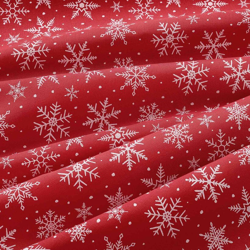 Weihnachtliche eckige Tischdecke Valencia - Weiße Flocken auf Rot