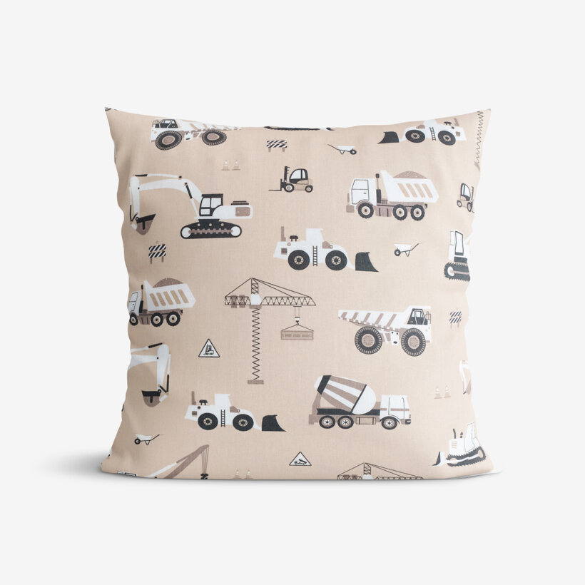 Kinder-Kissenbezug aus Baumwolle - Lastwagen und Bagger auf Beige
