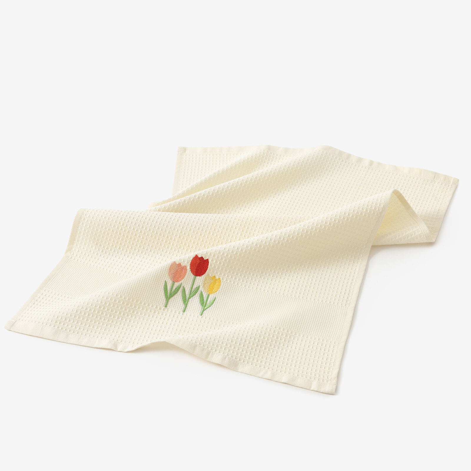 Waffel-Geschirrtuch mit Stickerei - Tulpen auf Creme