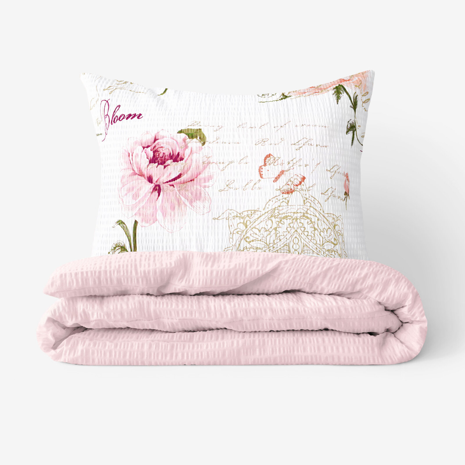 Seersucker Bettwäsche Duo - Pfingstrosen und Schriftzügen mit Puderrosa